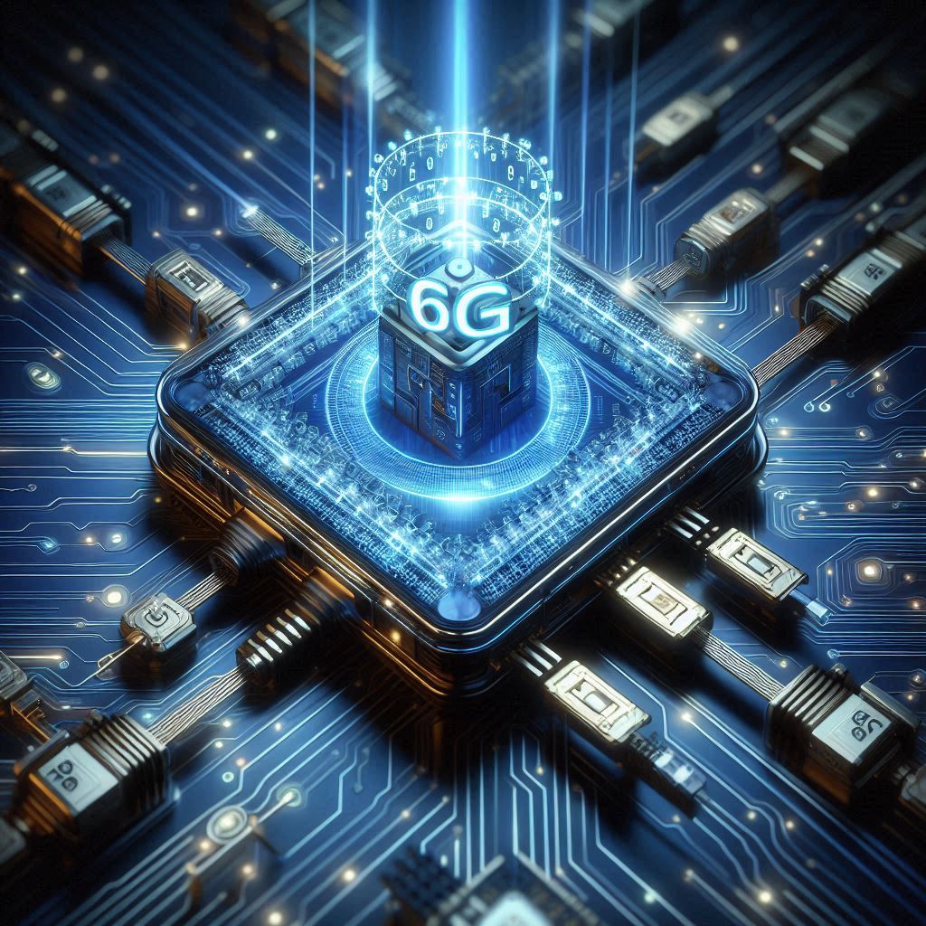 A glowing microchip with "6G" displayed in the center, symbolizing the next generation of wireless communication technology, surrounded by intricate digital circuits