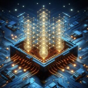 A futuristic processor with golden geometric structures representing artificial intelligence, quantum computing, and advanced data processing