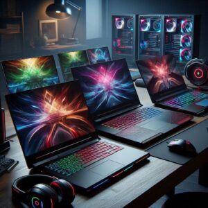 A stylish gaming setup featuring multiple high-end laptops with vibrant RGB displays, alongside powerful desktop PCs and gaming accessories